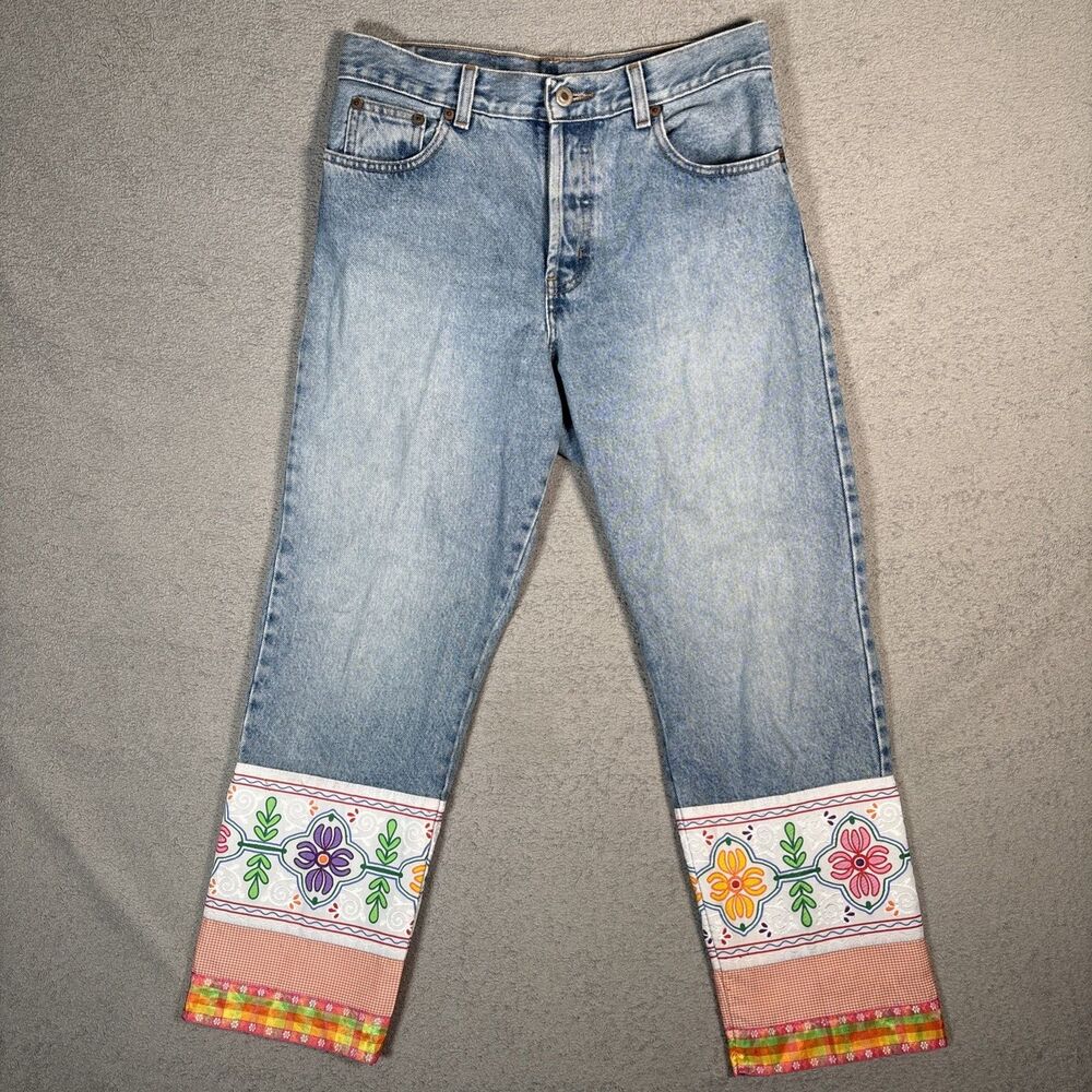 LONDONJEAN Light Wash Cropped Jeans with Multicolor Floral Cuffs